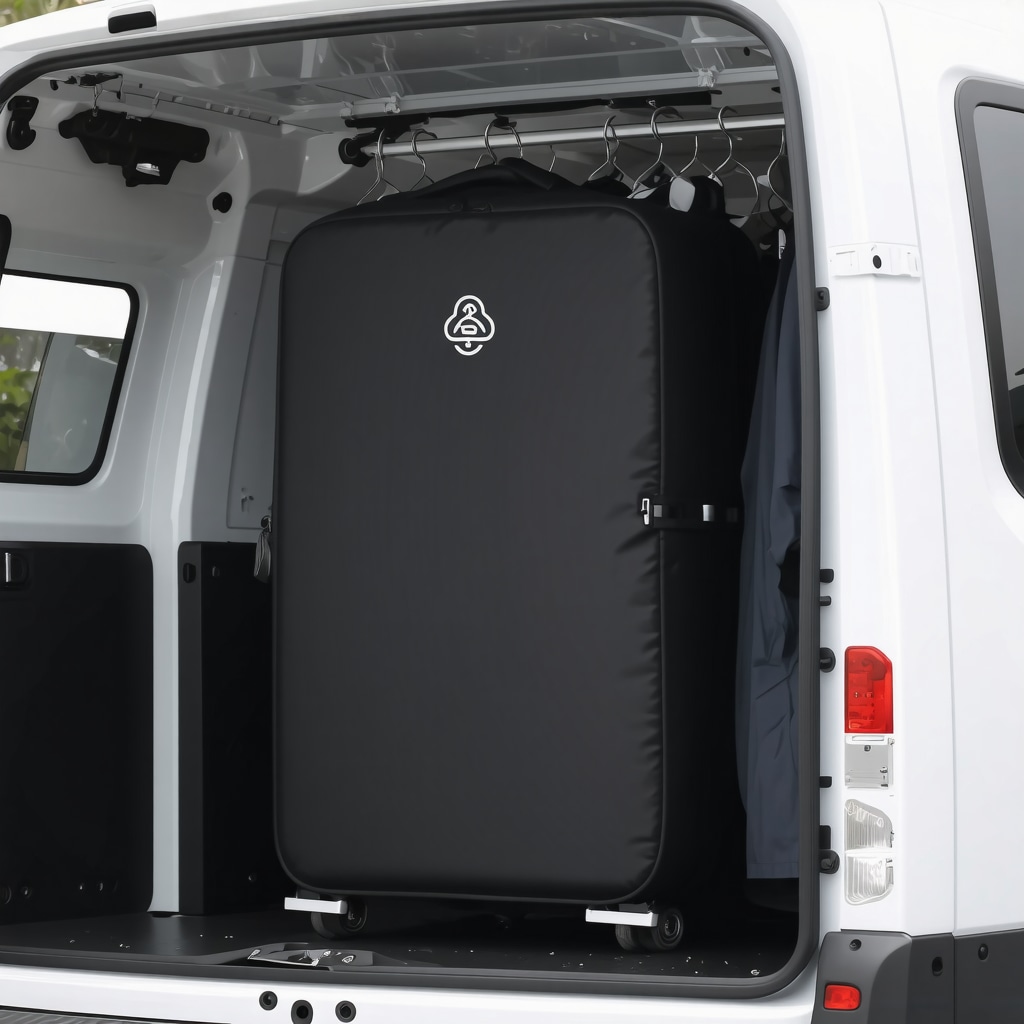 Advanced smart garment bag showing sensors and RFID technology inside a delivery vehicle in Tampa Bay