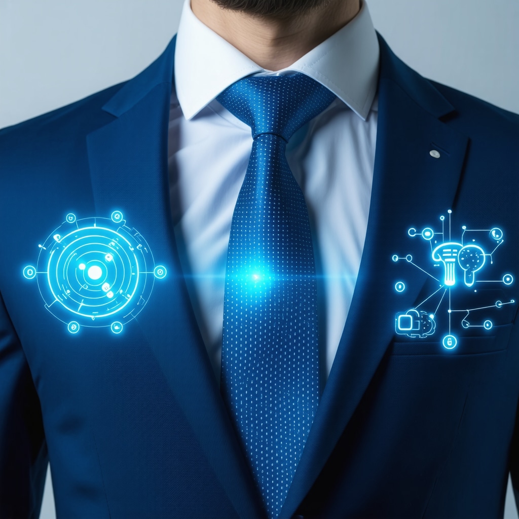 Suit lining with embedded RFID sensor and digital humidity icons representing smart dry cleaning technology