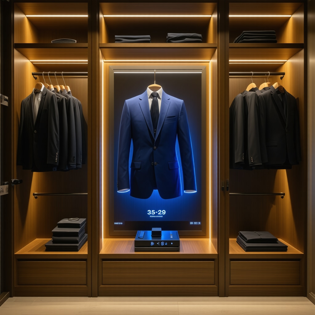 Smart closet with sensors monitoring humidity and temperature to protect luxury suits from Tampa Bay's climate