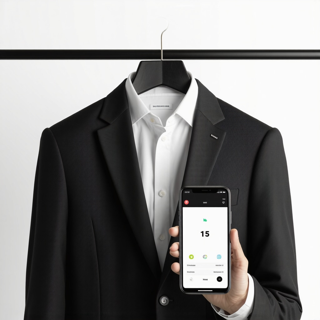 Smart hanger with sensors displaying humidity and temperature data on smartphone for suit care