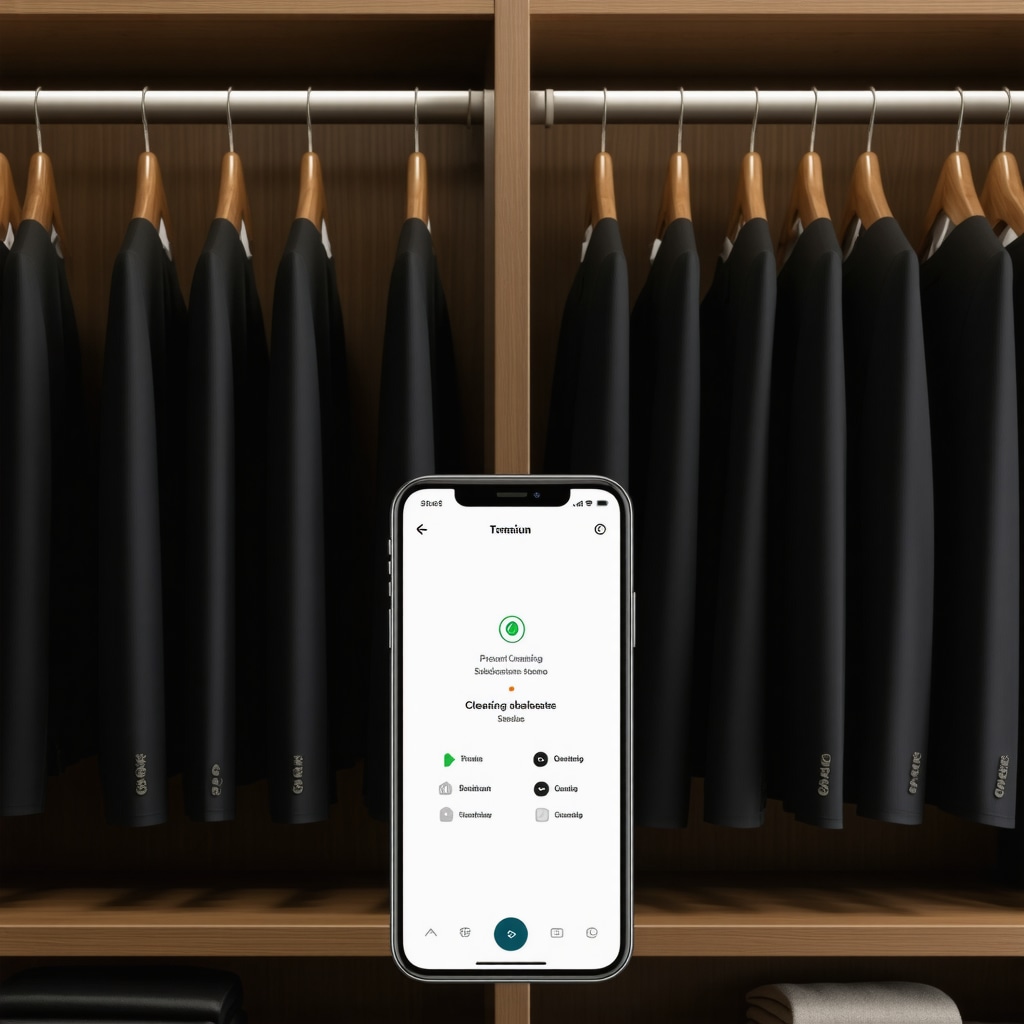 Modern closet with humidity sensors, cedarwood hangers holding suits, and smartphone showing suit cleaning subscription app