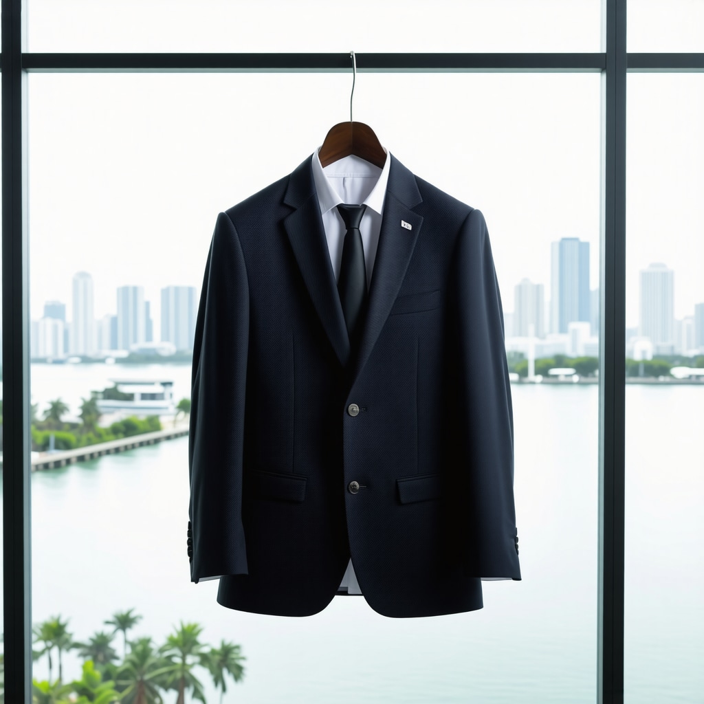 Professional suit on smart hanger showing AI-based suit maintenance data with humidity and fabric care icons in Tampa Bay environment