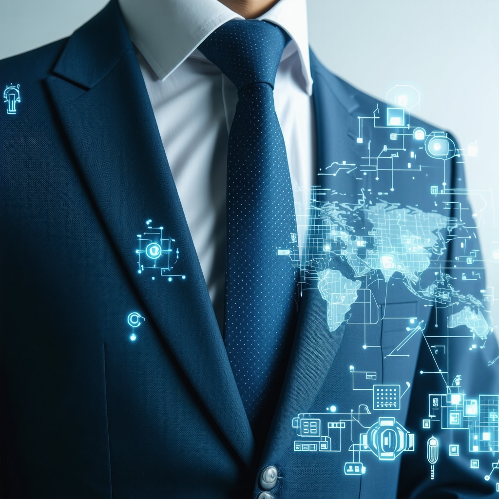 Close-up image of custom suit fabric featuring nanocoatings and embedded sensors with digital AI analytics overlay