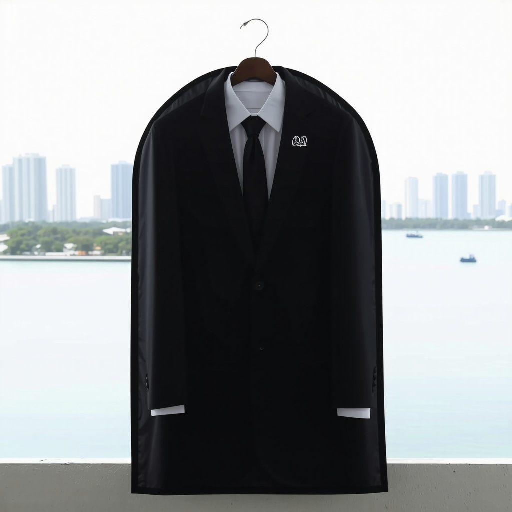 Luxury suit inside a smart garment bag with sensors and digital monitoring display, highlighting advanced suit care technology in Tampa Bay