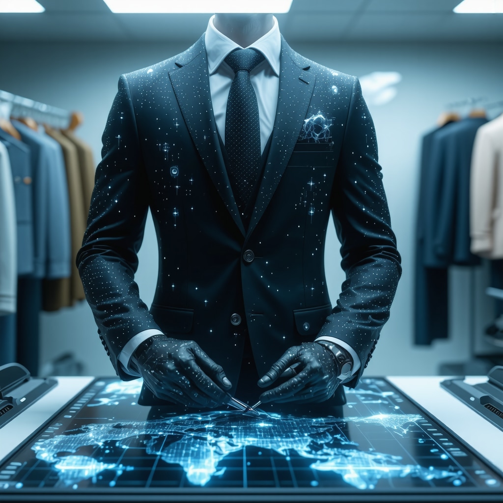Business suit featuring embedded sensors and nanotechnology coating in a modern dry cleaning lab environment