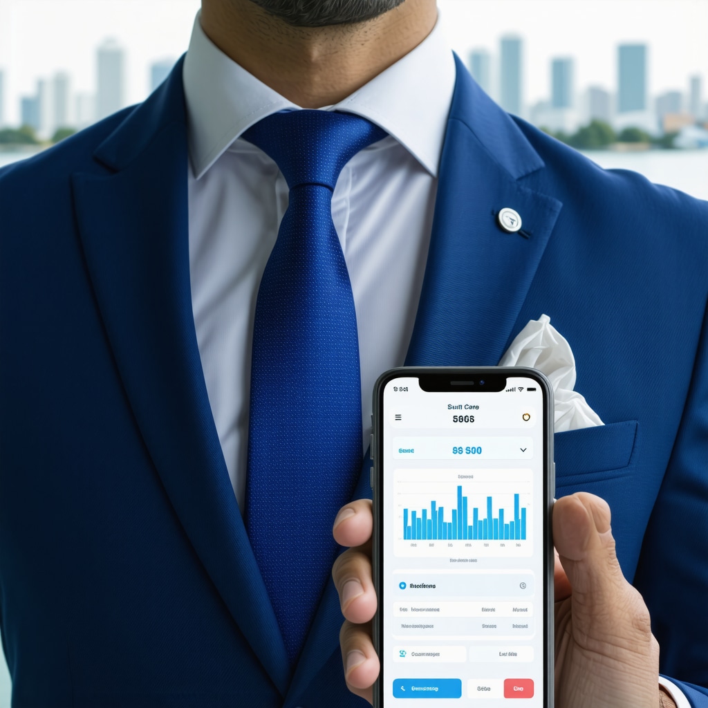 Close-up of men's suit fabric with micro-sensors and smartphone displaying suit care data in Tampa Bay