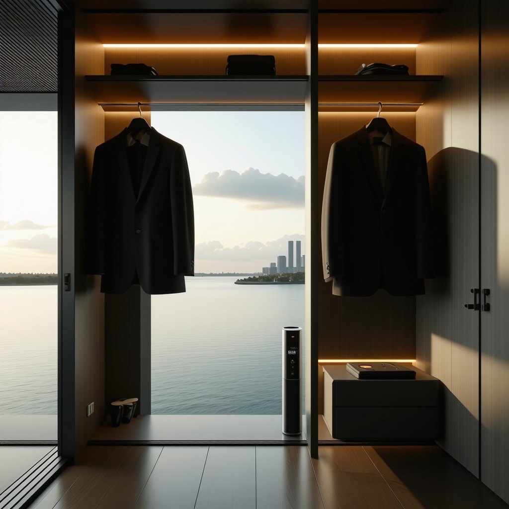 Modern humidity-controlled wardrobe containing a humidity-resistant suit with ozone sanitization device, representing advanced suit care in Tampa Bay