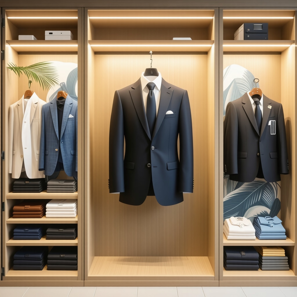 Smart wardrobe showing humidity control and nanotechnology-treated suit inside a climate-controlled environment