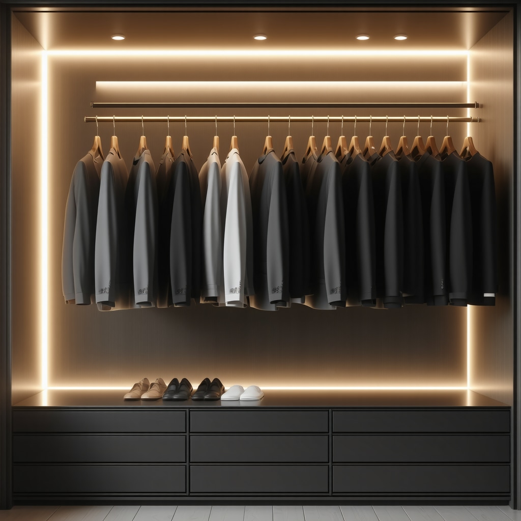 Modern smart wardrobe featuring suits with embedded sensors and climate control technology