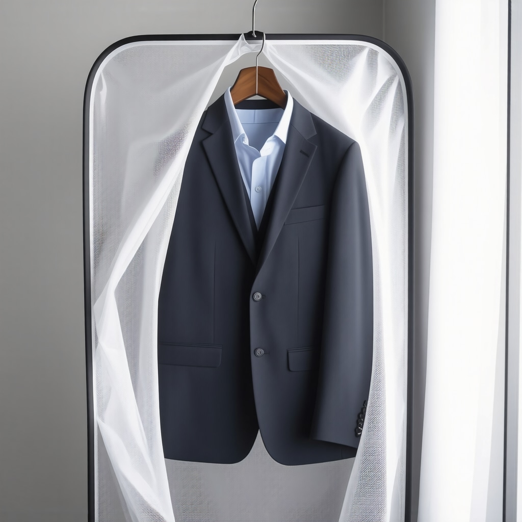 Professional suit hanging in breathable garment bag showing fabric care in humid Tampa Bay environment