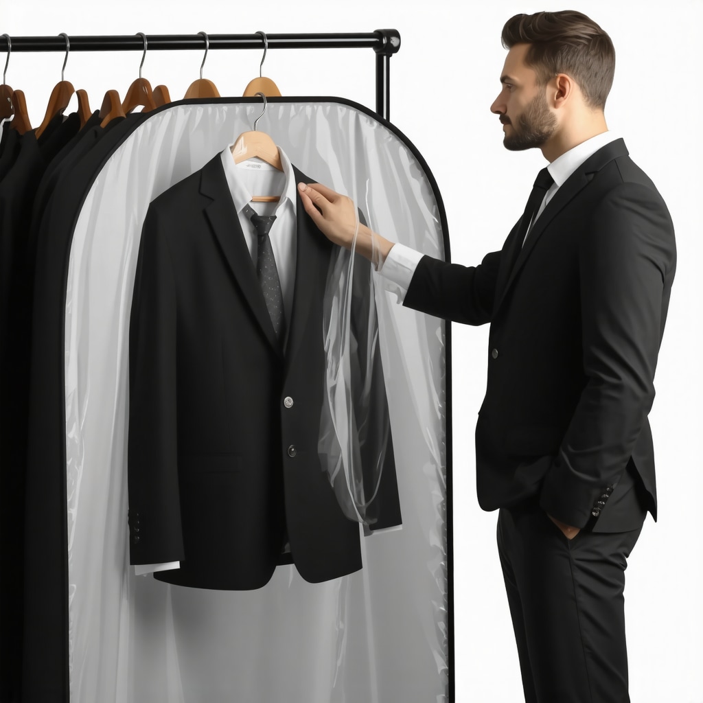 Professional receiving freshly pressed suit in humidity-controlled garment bag showcasing sustainable dry cleaning technology