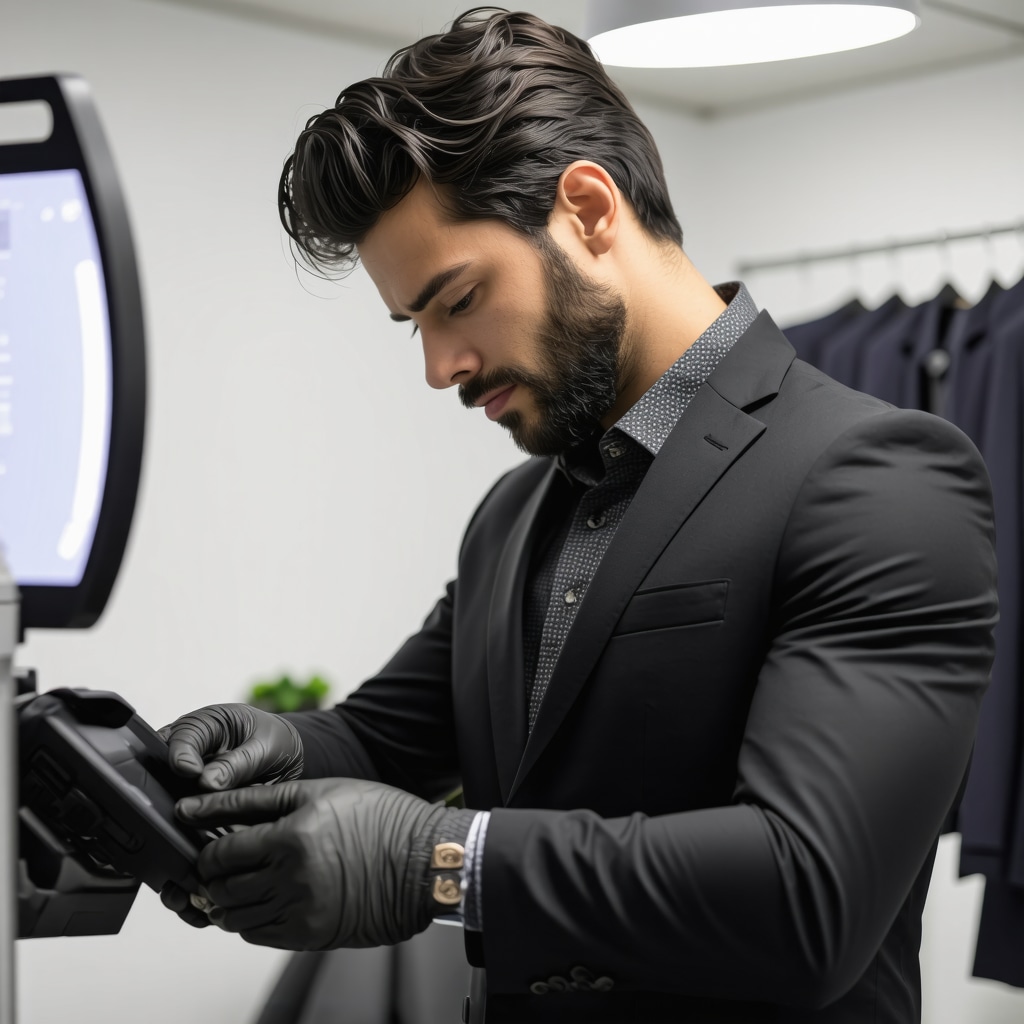 Suit care specialist examining delicate fabric with eco-friendly cleaning tools and digital scanners in Tampa Bay