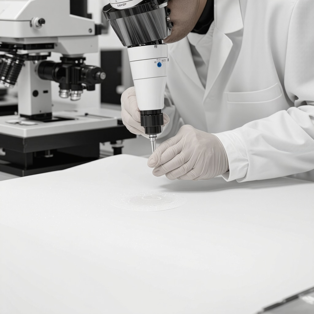 Textile technician applying nanotechnology coatings to white suit fabric sample
