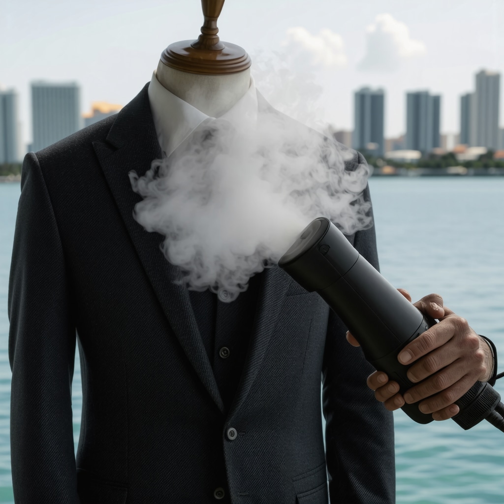 Handheld ultrasonic fabric steamer smoothing wrinkles on wool suit with Tampa Bay skyline backdrop