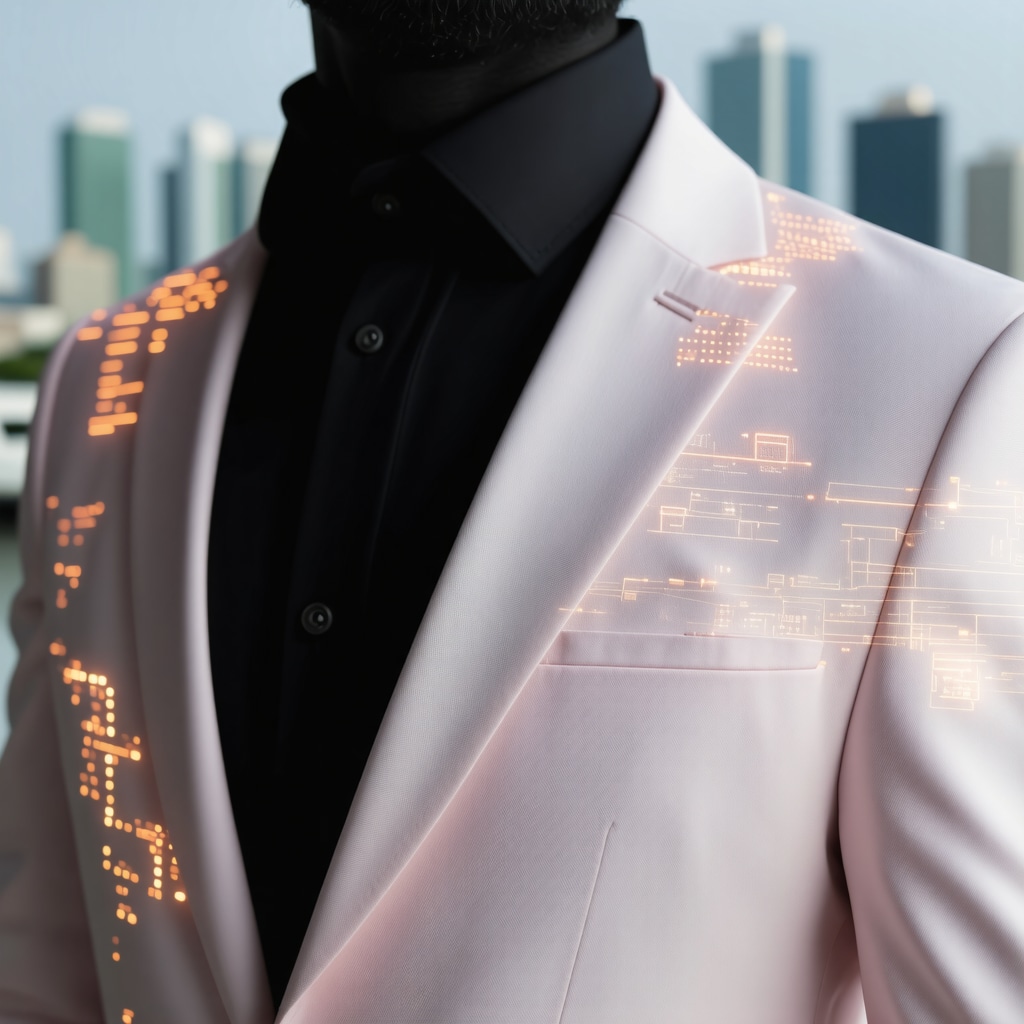 High-tech suit lining with embedded sensors showing fabric condition data
