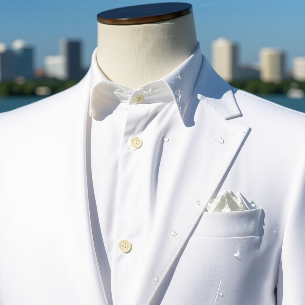 White suit jacket showing water and pollen repelled by protective nanotechnology coating in Tampa Bay