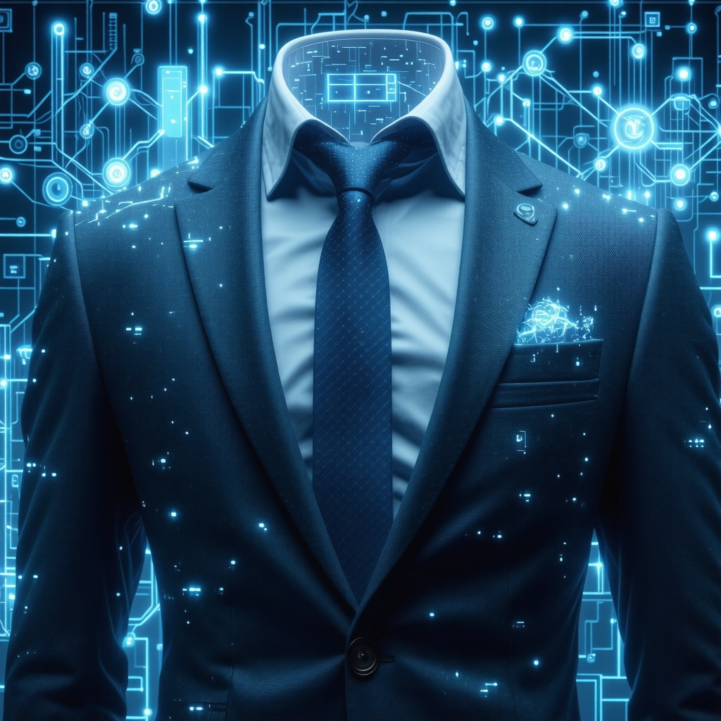 High-tech AI fabric analysis machine scanning wool suit fibers with digital data overlays