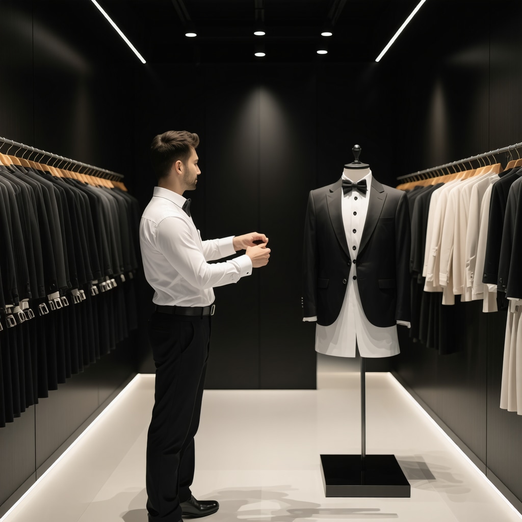 Technician inspecting a freshly cleaned tuxedo in a high-tech, eco-friendly dry cleaning facility
