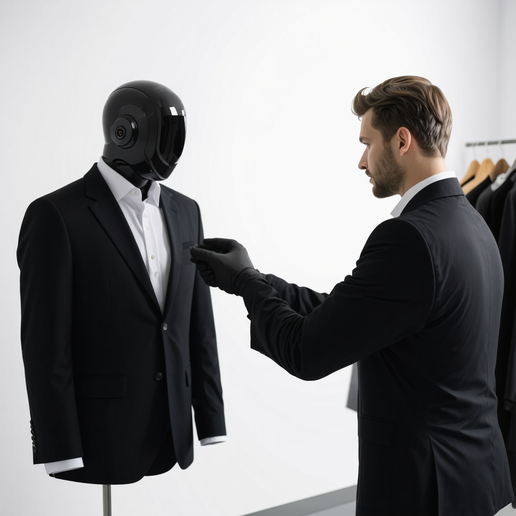 Technician using AI-powered sensors to assess wool suit fabric condition in Tampa Bay dry cleaning service