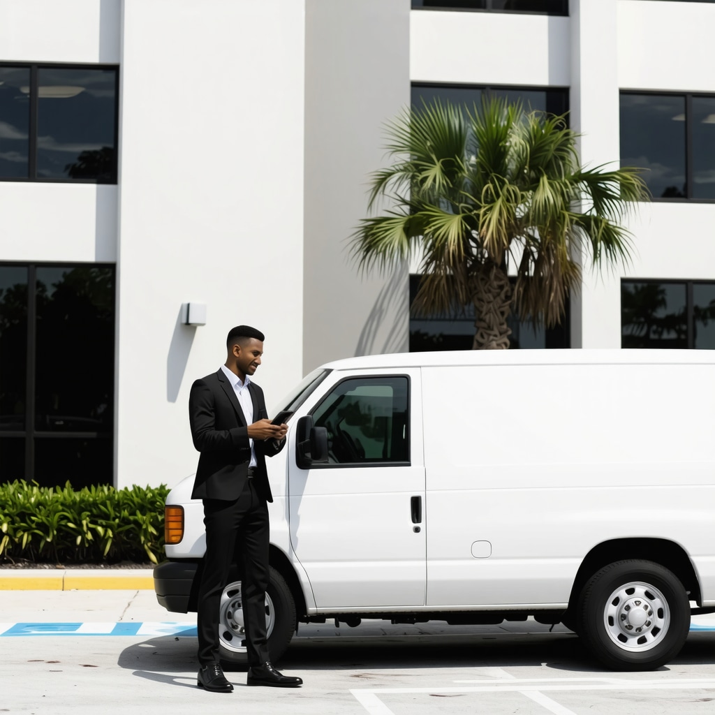 Professional in Tampa Bay using AI-powered suit cleaning subscription app with delivery van in background