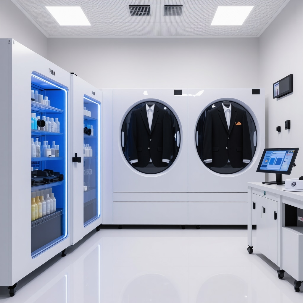Dry cleaning facility with AI fabric analysis devices and eco-friendly enzyme products