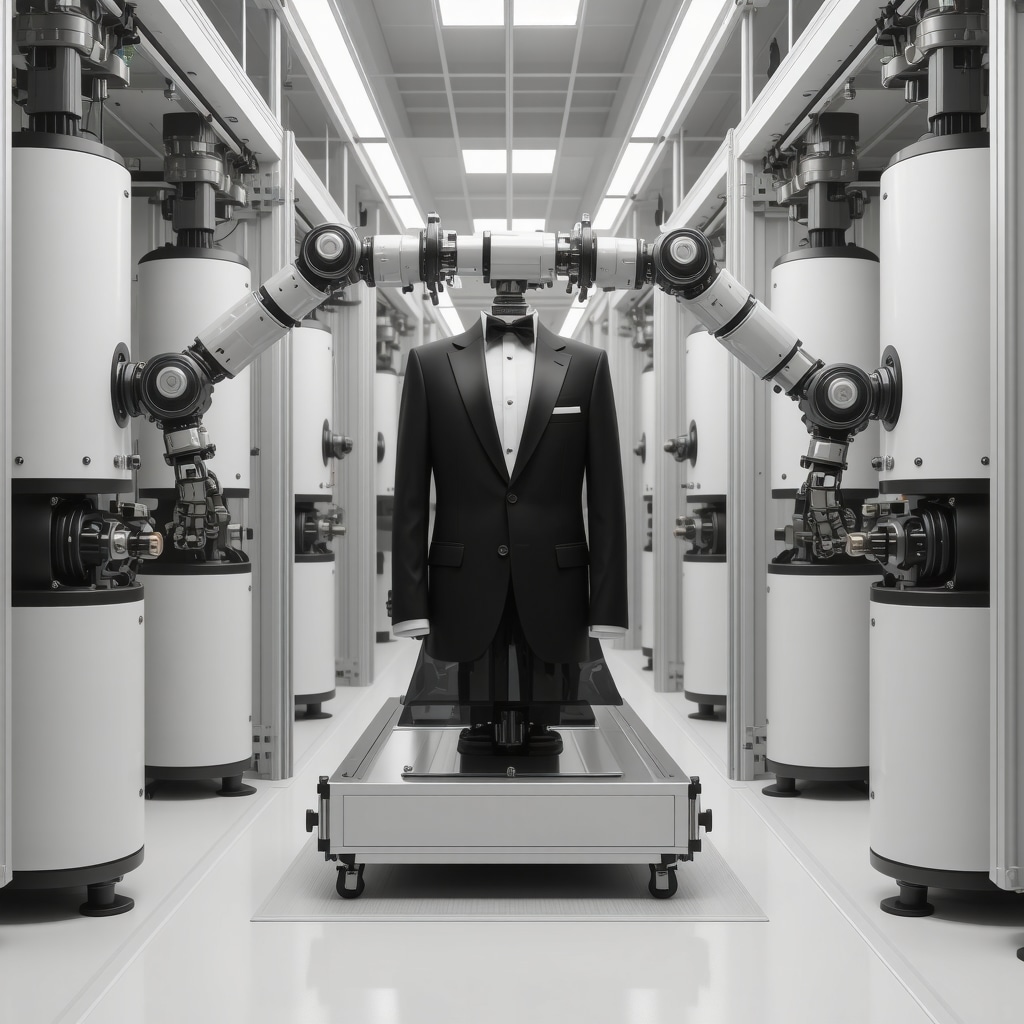 Robotic arms and AI fabric analyzers cleaning a tuxedo in an eco-friendly dry cleaning facility