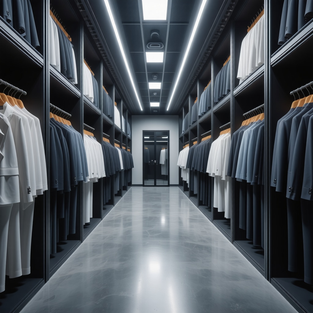Modern suit care facility with eco-friendly solvent cleaning and AI-controlled garment storage