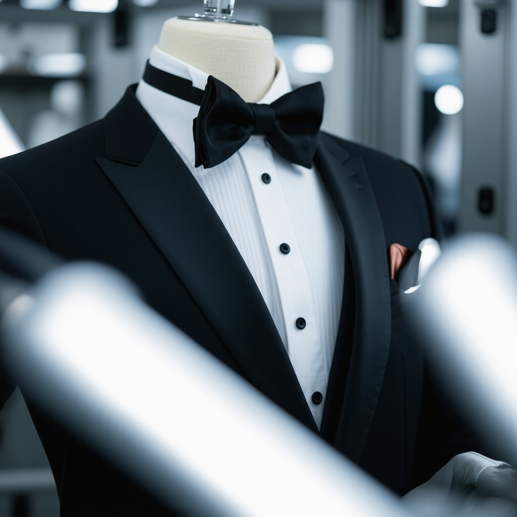 Laser-guided pressing machine applying steam and precision pressure to a luxury tuxedo in a Tampa Bay dry cleaner