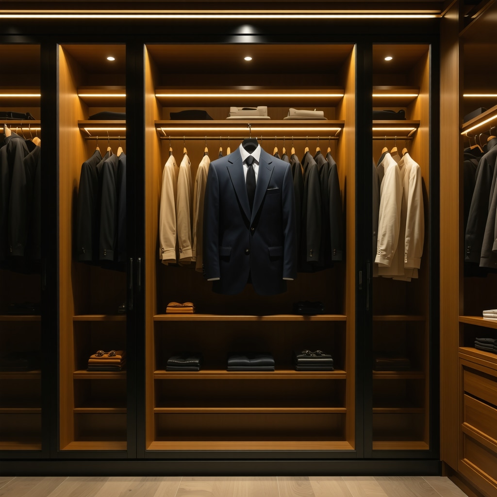 Climate-controlled garment storage with UV sterilization and luxury suit in Tampa Bay professional's closet