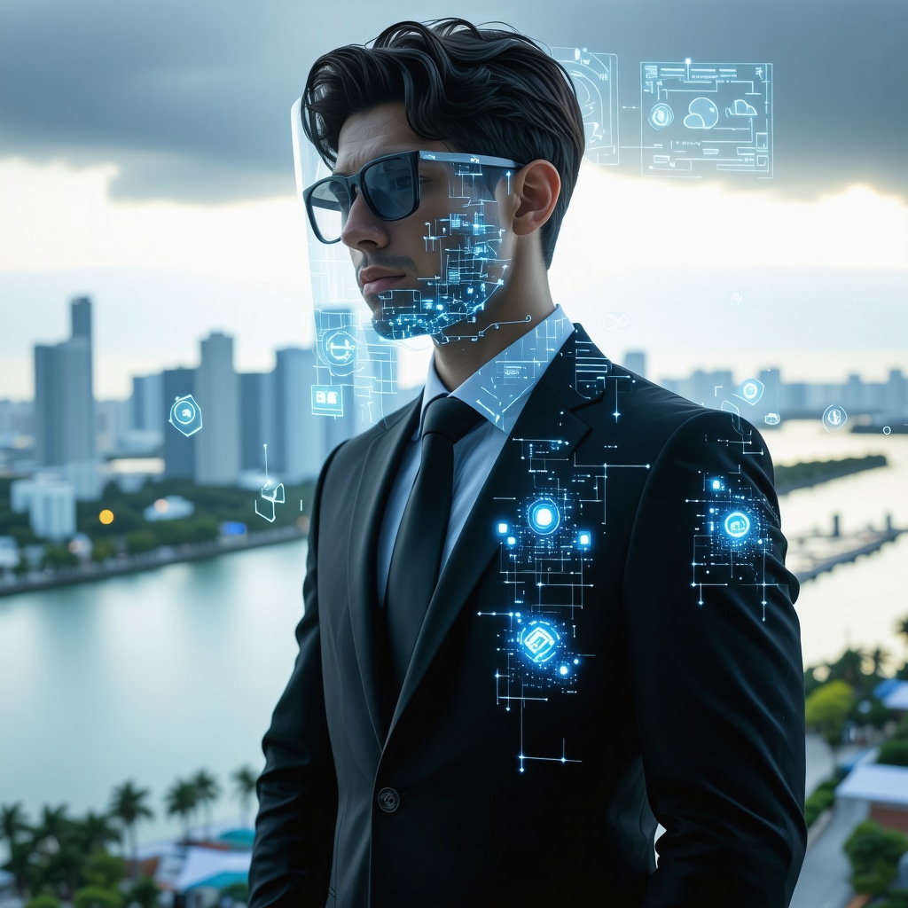 Professional suit protected by nanotechnology and AI data visualization with Tampa Bay background