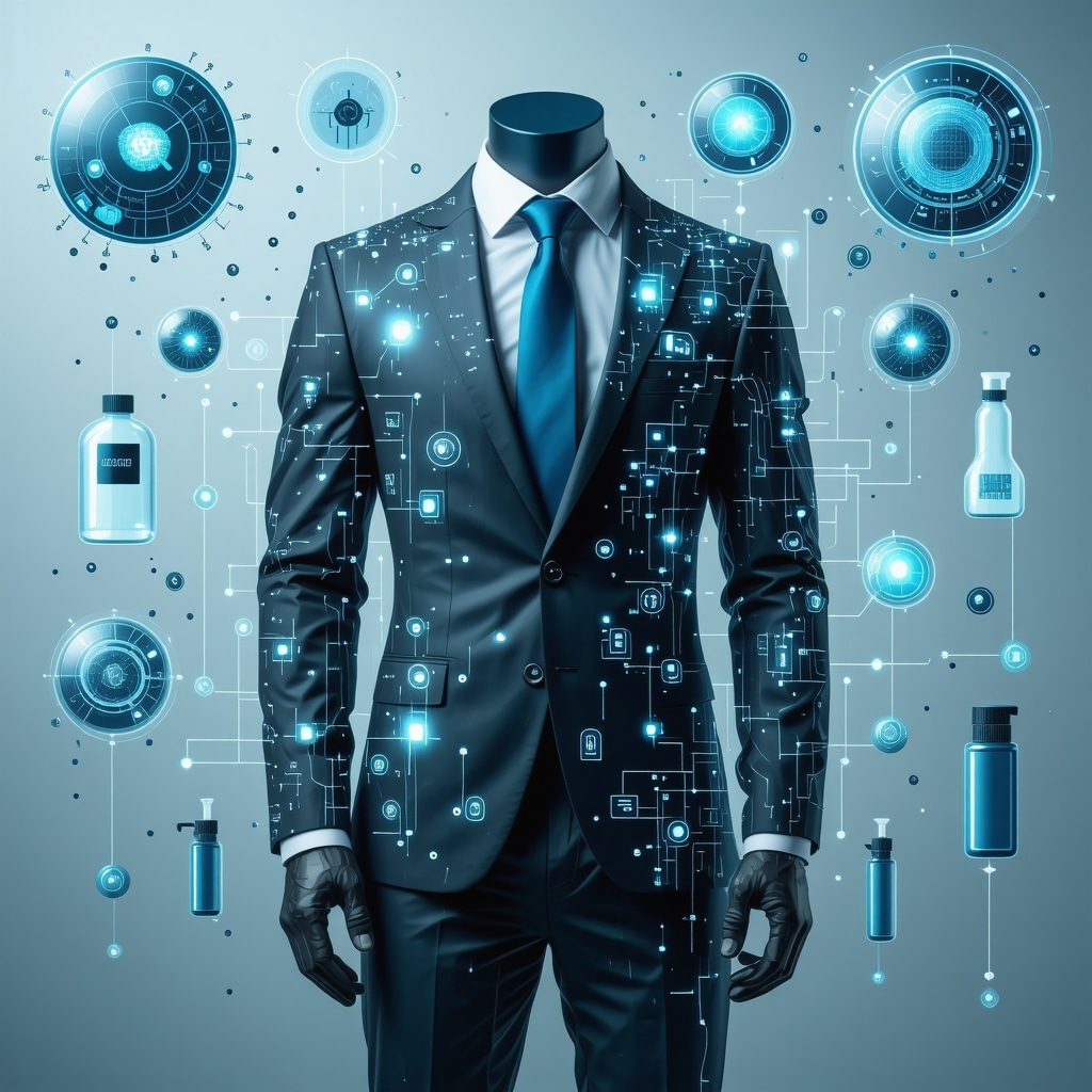 Digital rendering of a suit with biometric sensors, eco-friendly solvents, and AI technology interface