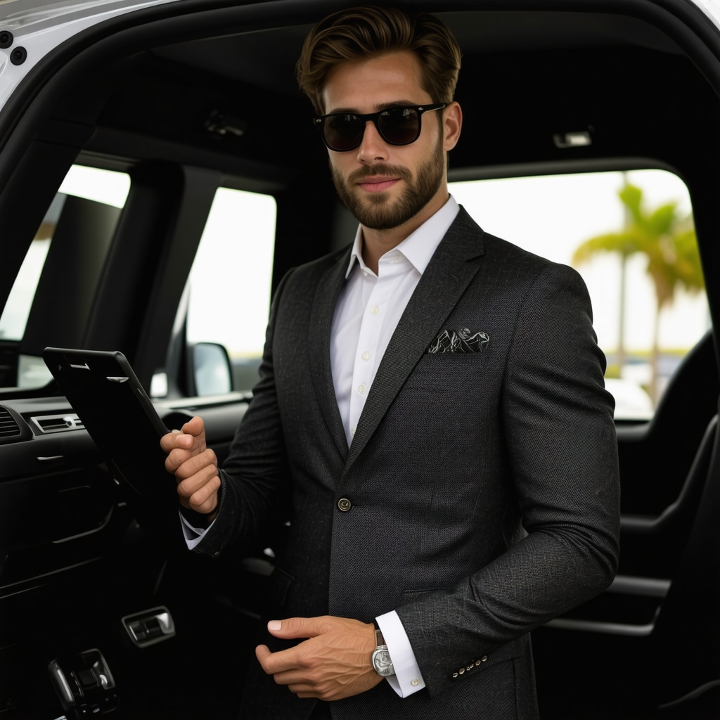 Courier handling wool suit inside climate-controlled vehicle with GPS route overlay