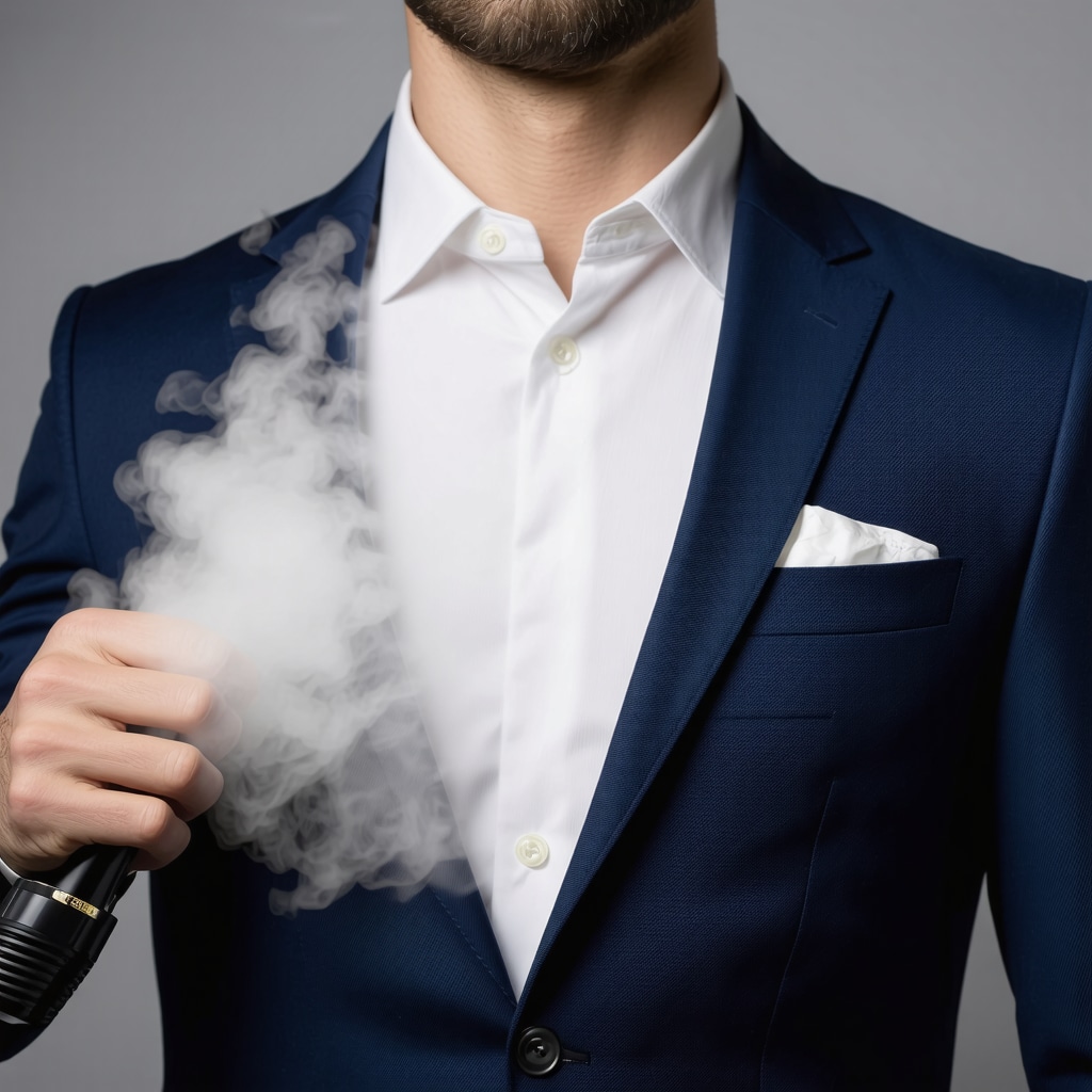 Professional garment steamer used for wrinkle removal on a suit.