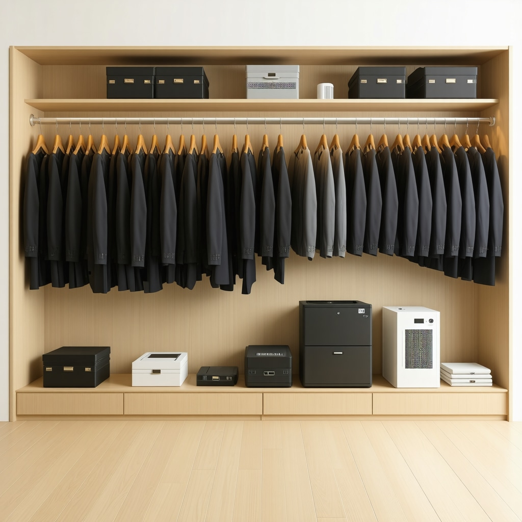 Climates-controlled wardrobe with suits on padded hangers, dehumidifiers and air purifiers in background, illustrating optimal preservation environment.
