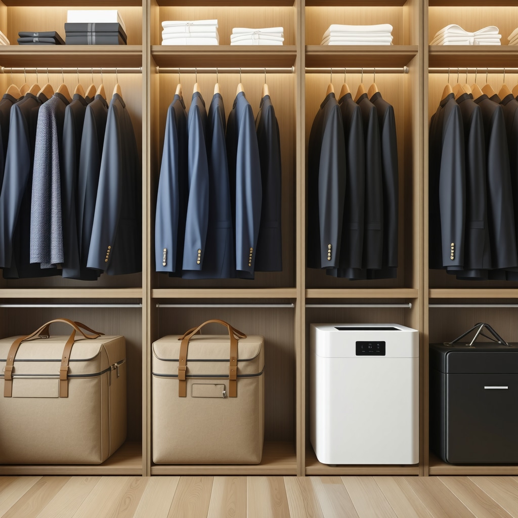 A modern closet with suit storage solutions suited for Tampa Bay's climate.