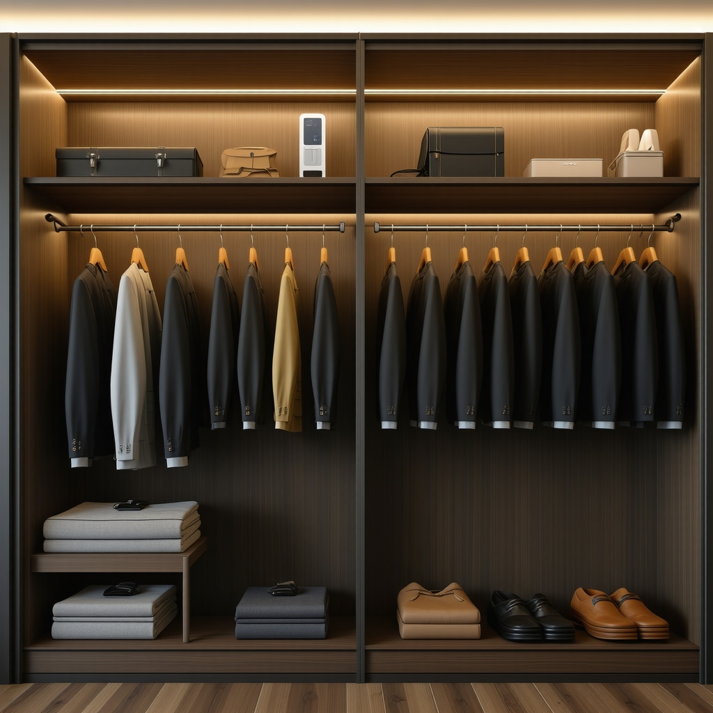 Modern closet featuring climate control, breathable garment bags, cedar hangers, and humidity sensors for suit preservation