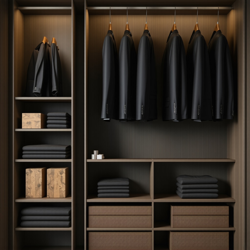Climate-controlled closet with breathable garment bags, cedarwood blocks, and activated charcoal filters for suit odor prevention