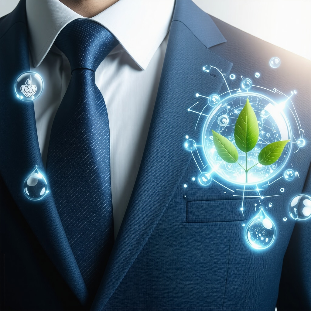 Close-up of suit fabric nanofibers with eco-friendly cleaning icons representing advanced sustainable suit care in Tampa Bay