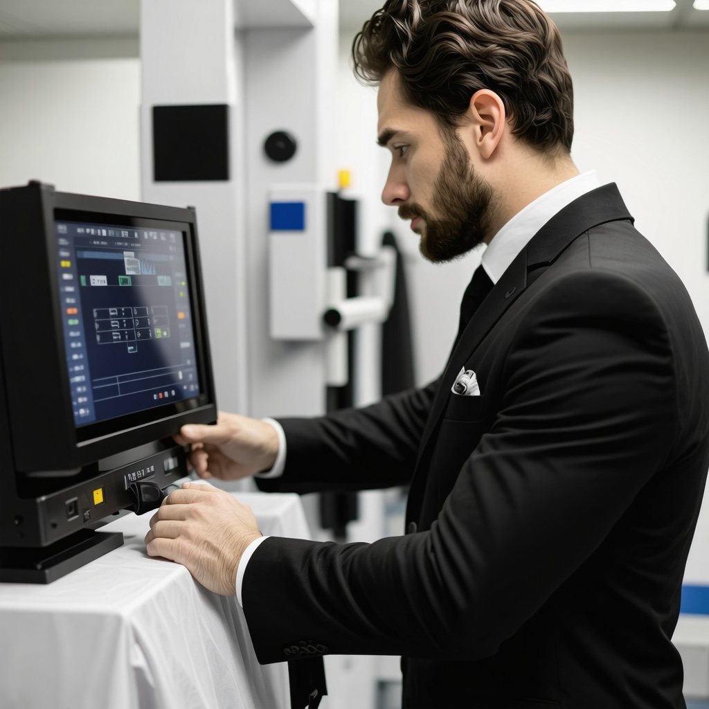 Dry cleaning technician analyzing wool suit fabric with spectroscopic tools alongside eco-friendly cleaning equipment