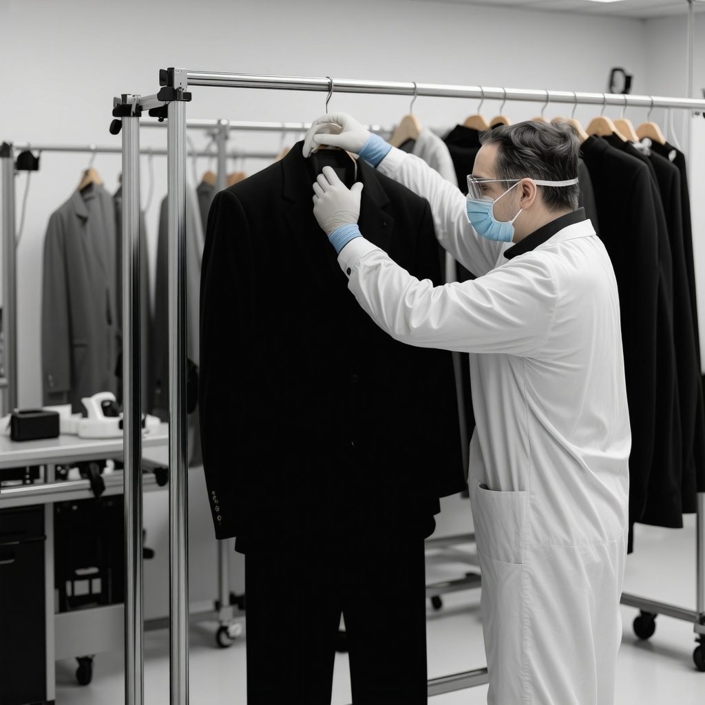 Technician applying ozone treatment to a suit in a high-tech dry cleaning facility
