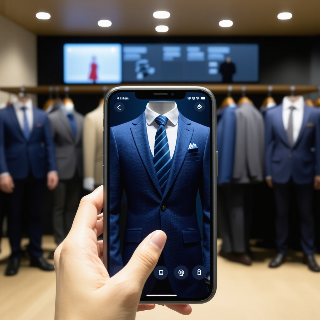 Smartphone showing augmented reality overlay for suit fabric inspection in dry cleaning shop