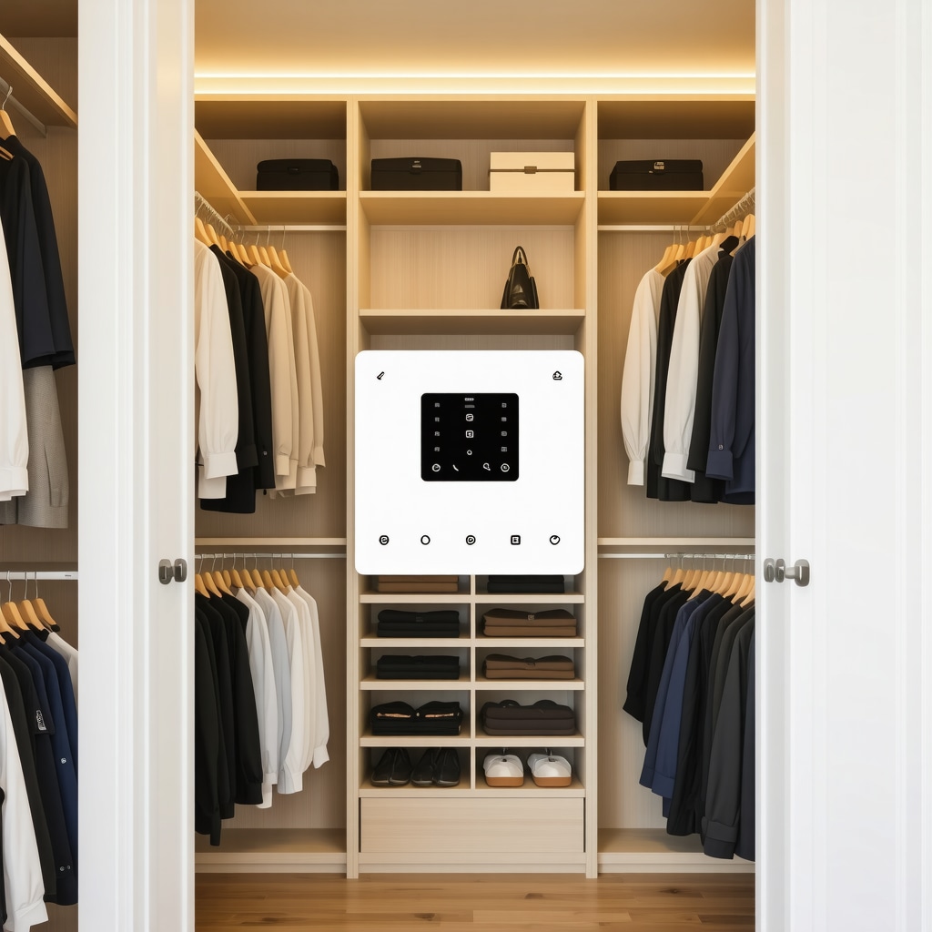 Interior of a Tampa Bay closet showcasing a climate-controlled wardrobe with digital humidity and temperature controls.
