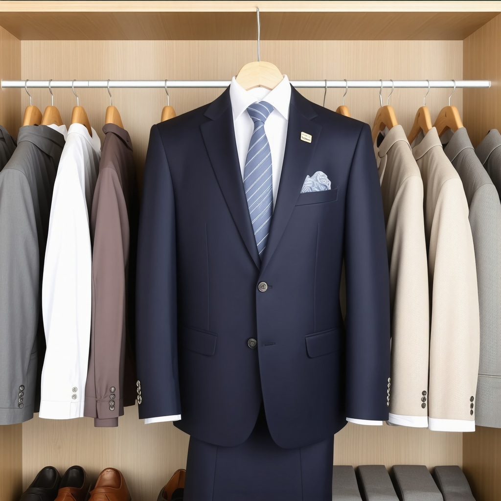 A suit stored in a climate-controlled wardrobe using natural fiber garment bags