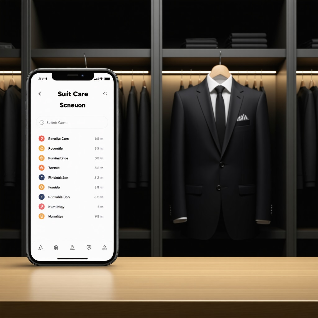 Smartphone app showing suit cleaning schedule and humidity alerts with a pressed suit hanging in a Tampa home closet