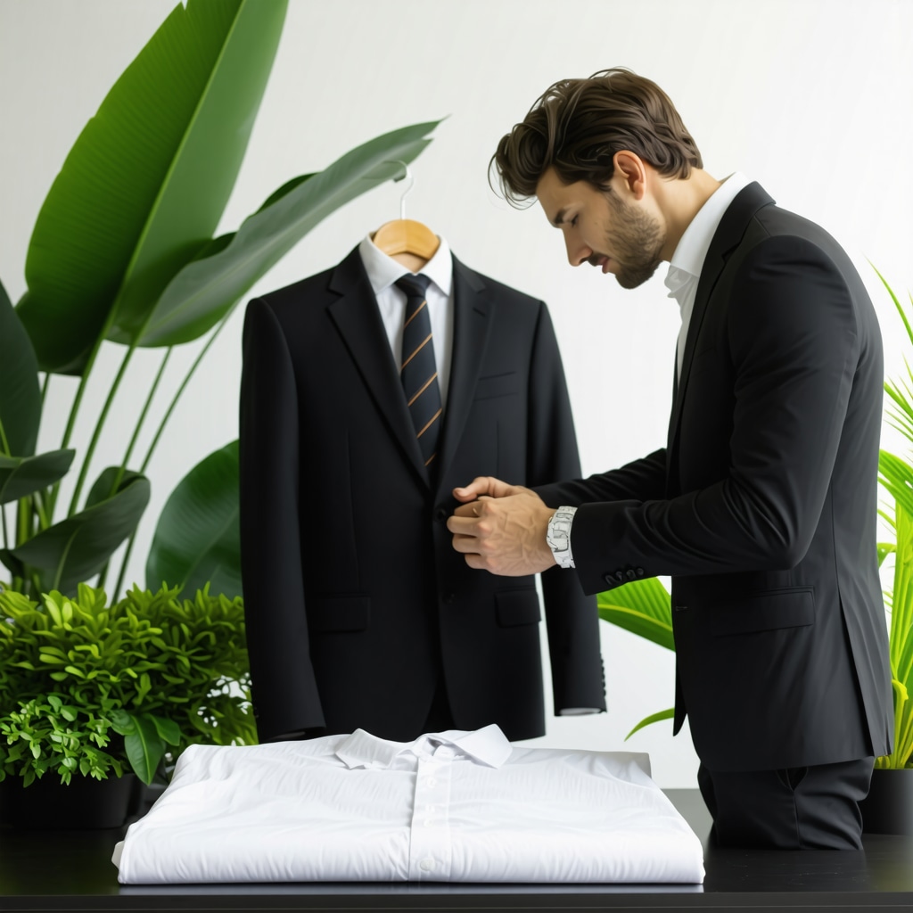 Professional handing luxury suit to eco-friendly dry cleaner with advanced equipment and greenery in Tampa Bay
