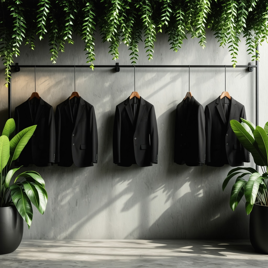 A high-quality wool suit in a green, eco-friendly cleaning environment, showcasing sustainable garment maintenance.
