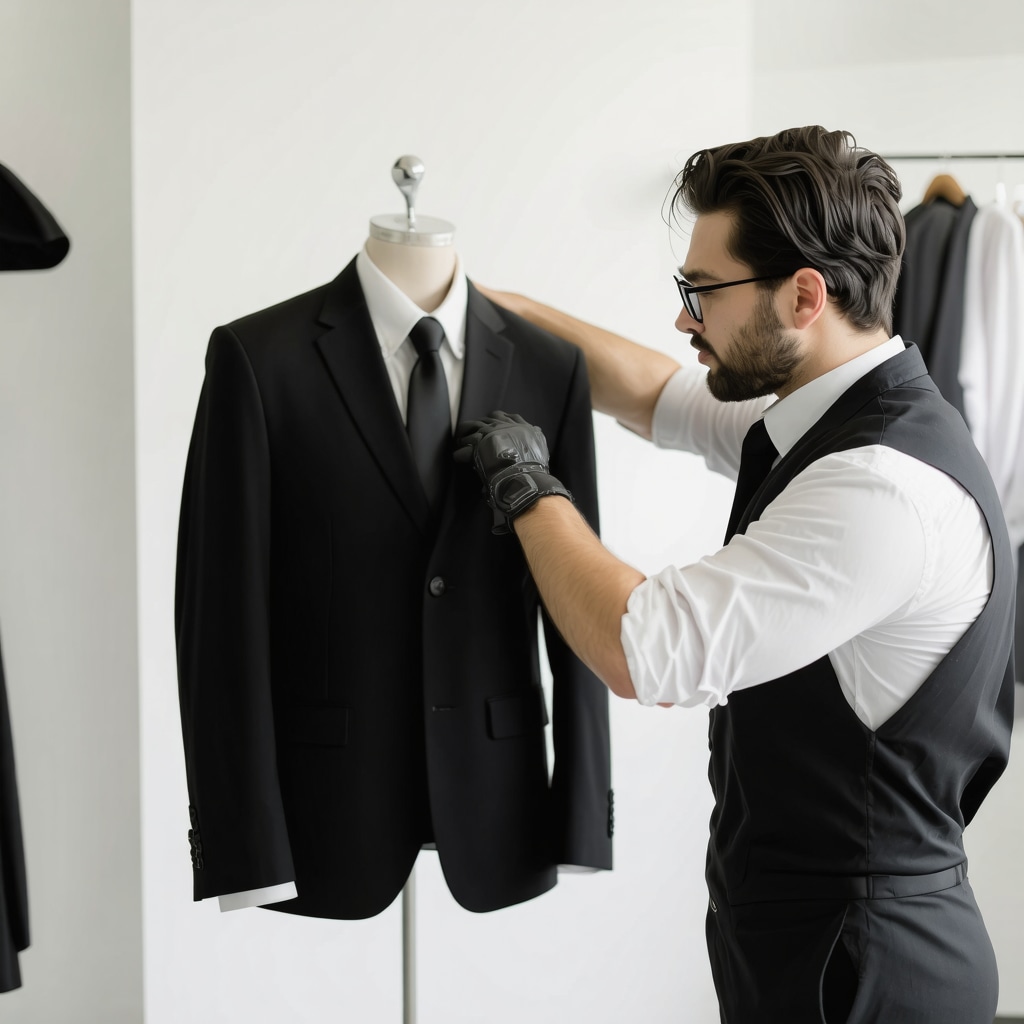 Professional cleaner using eco-friendly equipment on a luxury wool suit at a Tampa Bay dry cleaning shop.