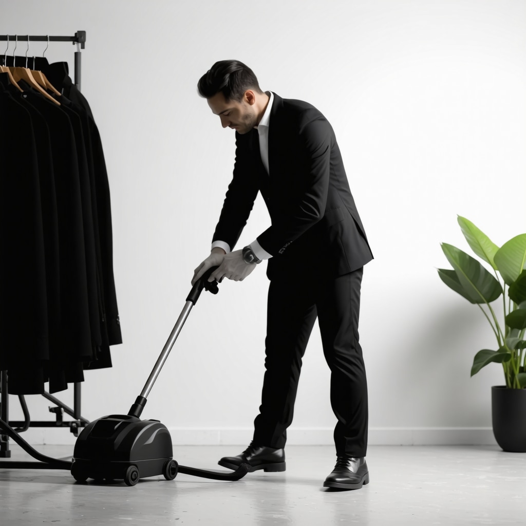 Technician performing eco-friendly suit cleaning with modern equipment