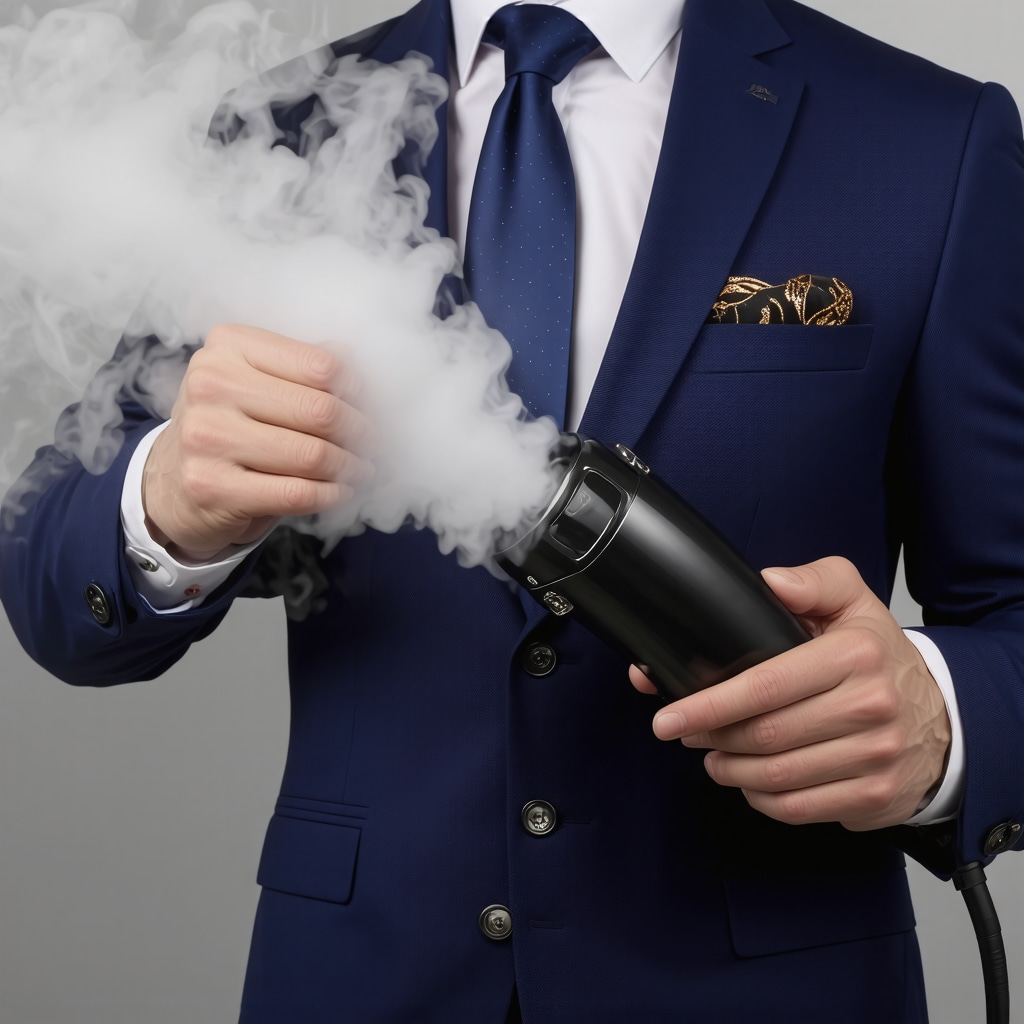 Handheld steamer steaming a suit fabric in eco-friendly environment