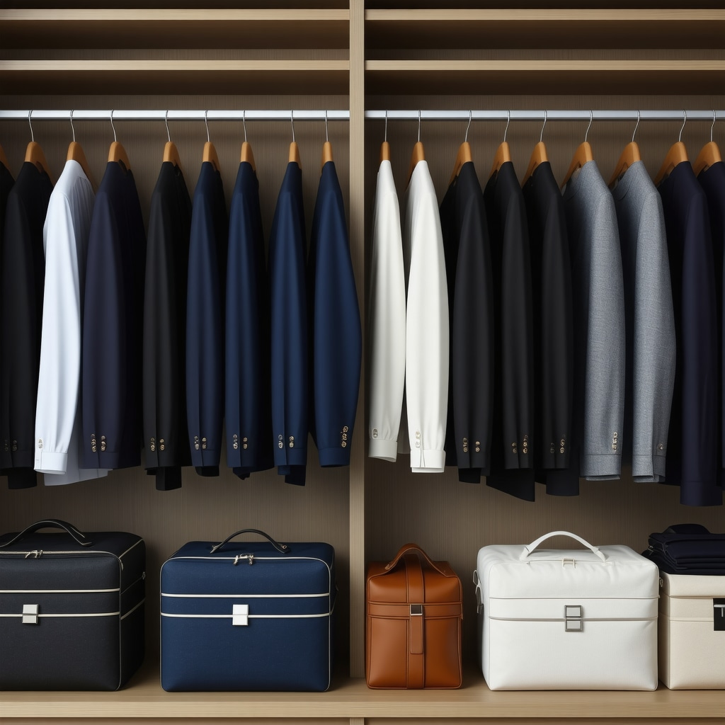 Closet with suits stored in natural fiber garment bags on padded hangers